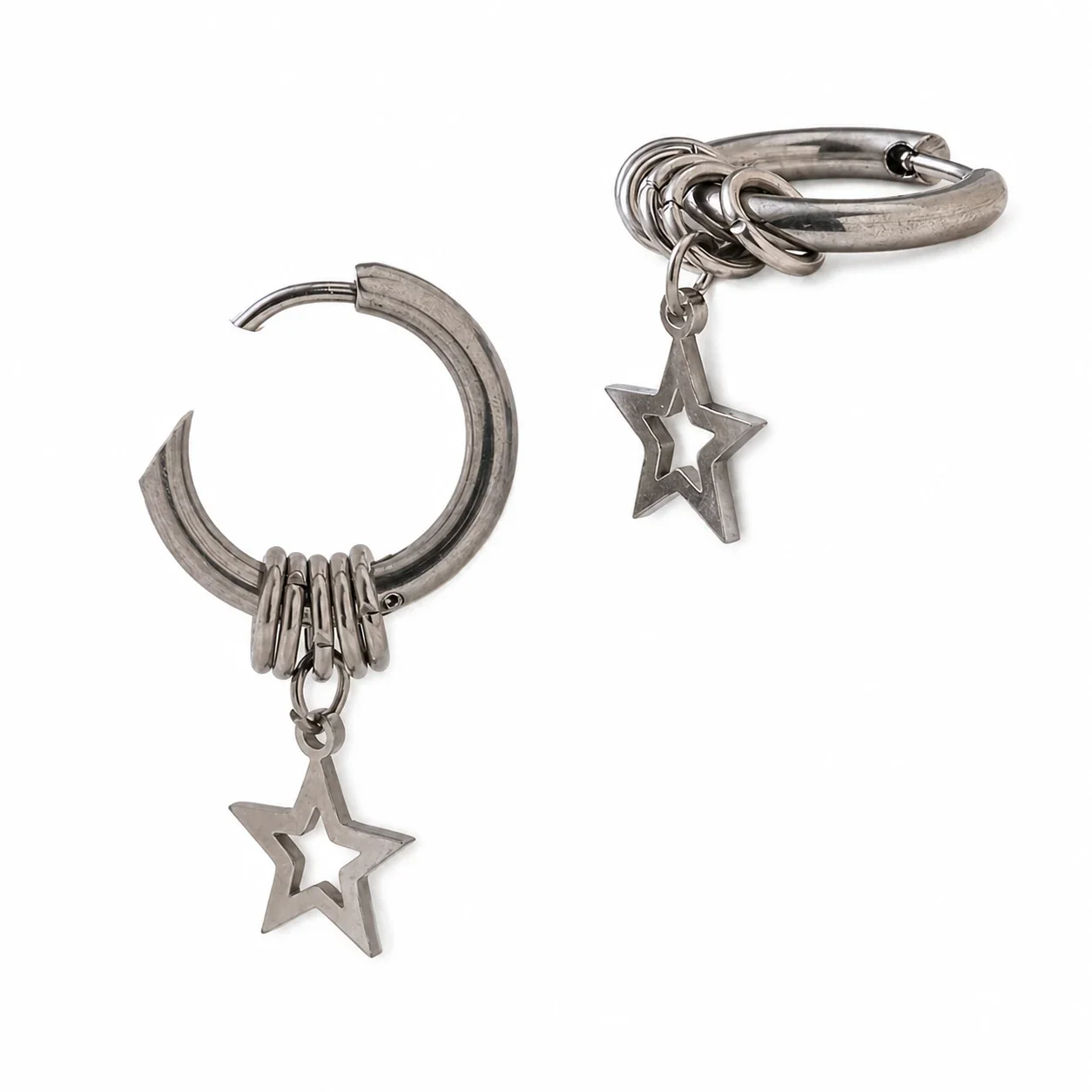 Edgy Stainless Steel Star Charm Ring Hoop Earrings