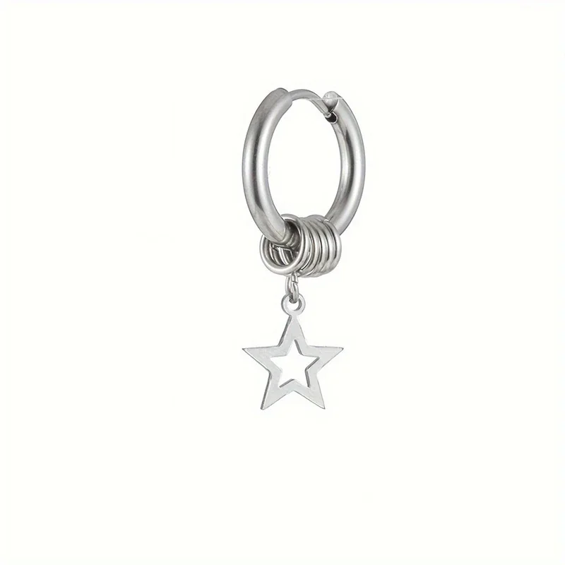 Edgy Stainless Steel Star Charm Ring Hoop Earrings