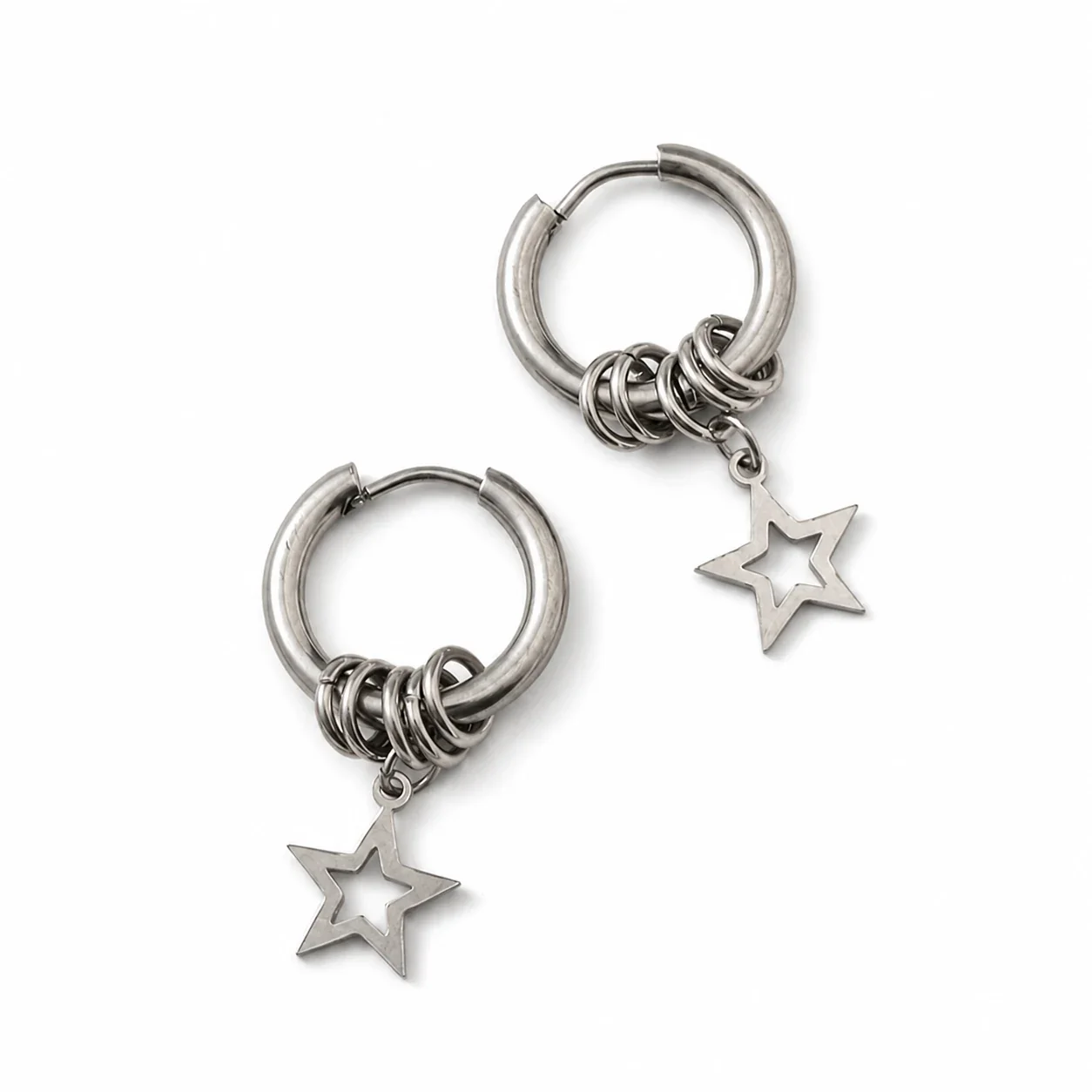 Edgy Stainless Steel Star Charm Ring Hoop Earrings - Silver