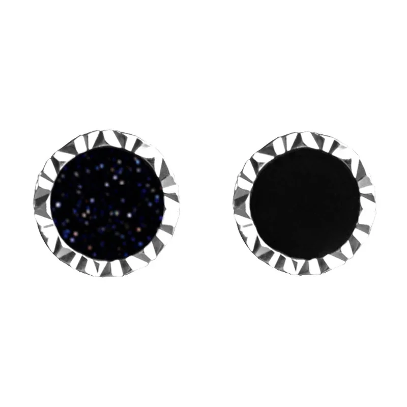 Edgy Stainless Steel Faceted Rim Black Round Stud Earrings
