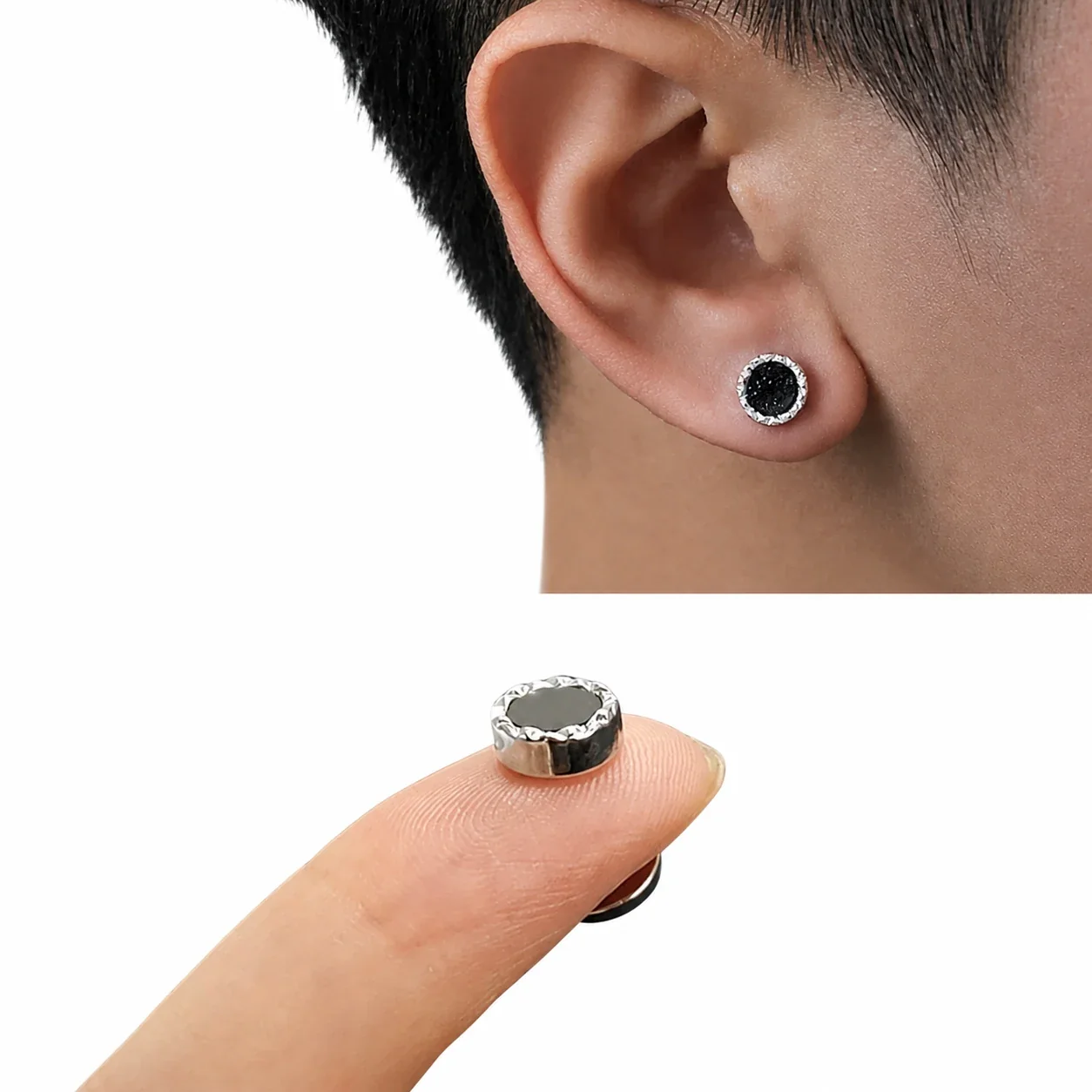 Edgy Stainless Steel Faceted Rim Black Round Stud Earrings