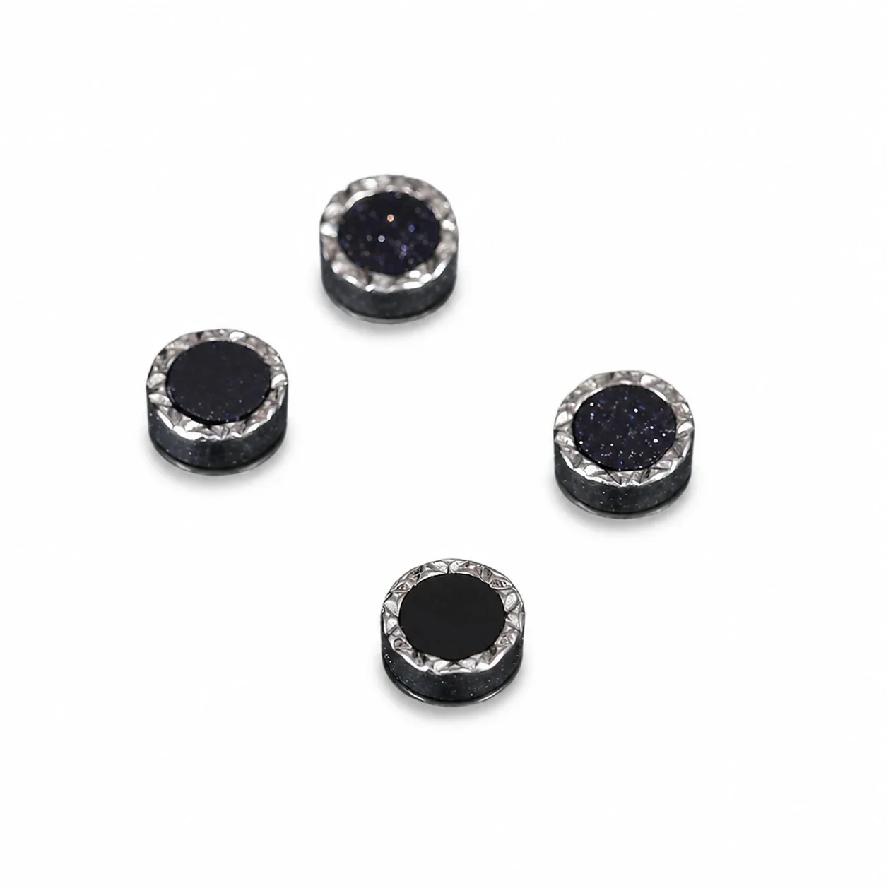 Edgy Stainless Steel Faceted Rim Black Round Stud Earrings