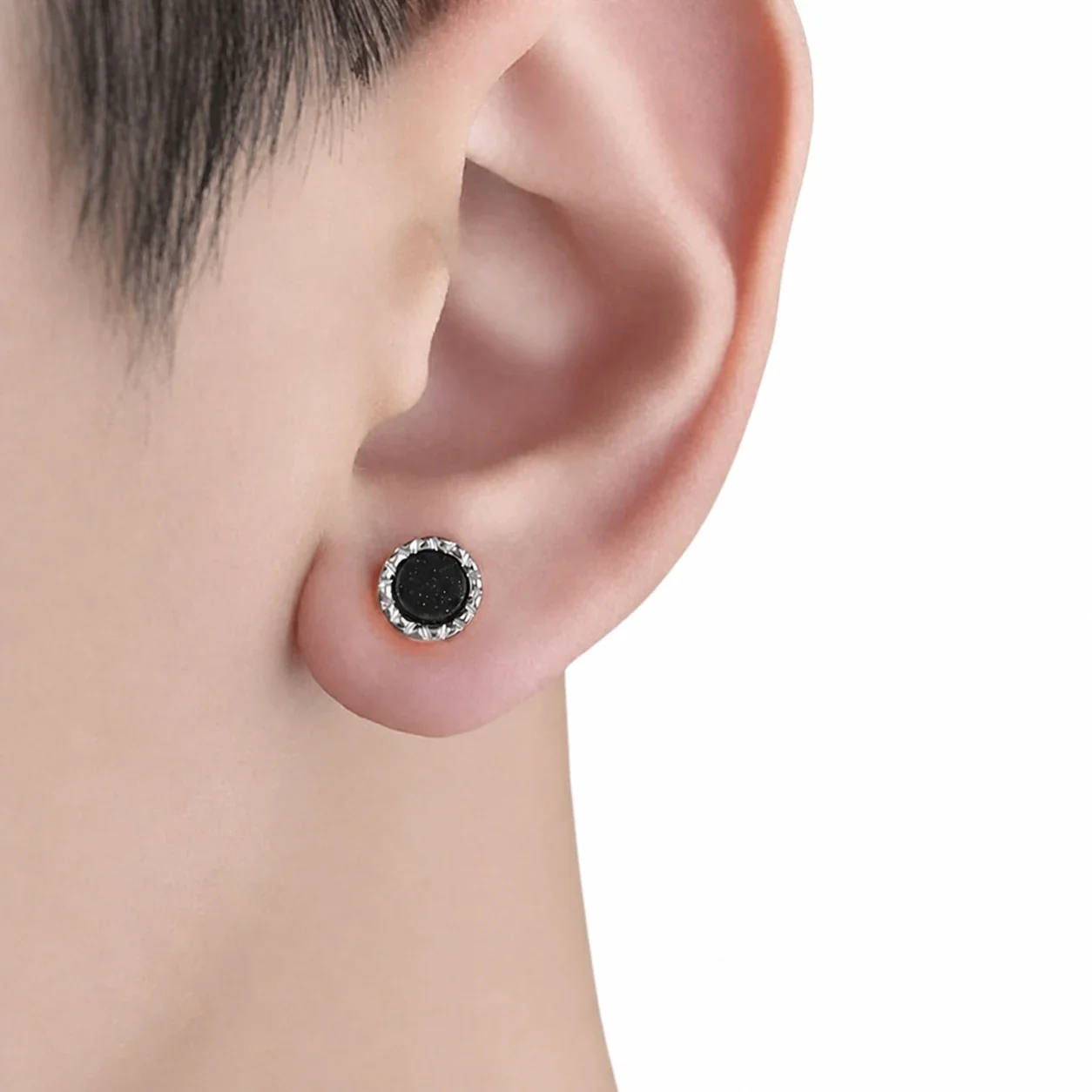 Edgy Stainless Steel Faceted Rim Black Round Stud Earrings