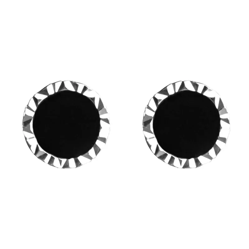 Edgy Stainless Steel Faceted Rim Black Round Stud Earrings - Magnetic Black Onyx Pair