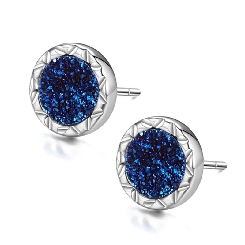 Edgy Stainless Steel Faceted Rim Black Round Stud Earrings - Blue Crystal Cluster Face Pair