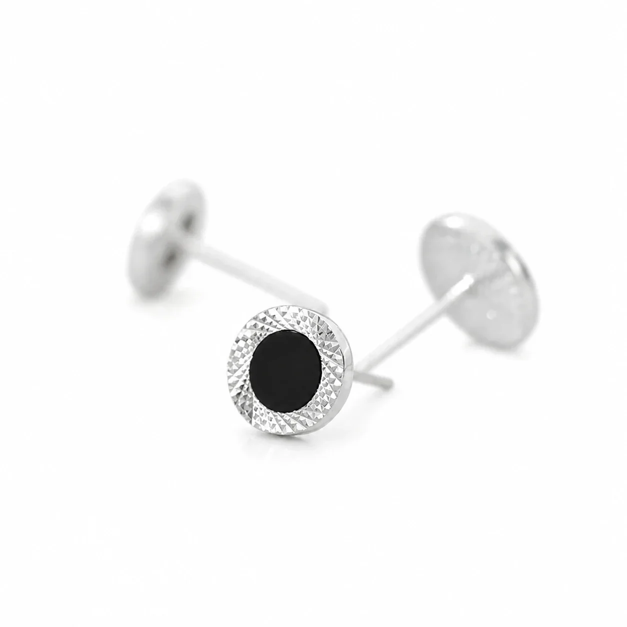 Edgy Stainless Steel Faceted Rim Black Round Stud Earrings - Galaxy Stud Pair