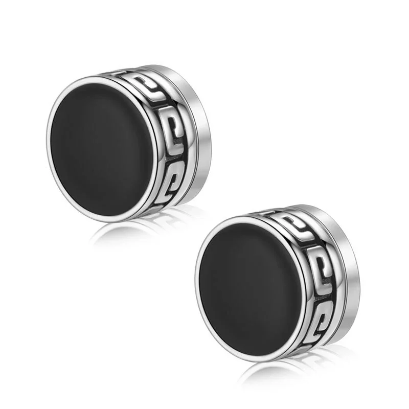 Edgy Stainless Steel Faceted Rim Black Round Stud Earrings - Magnetic Great Wall Texture Clip Pair