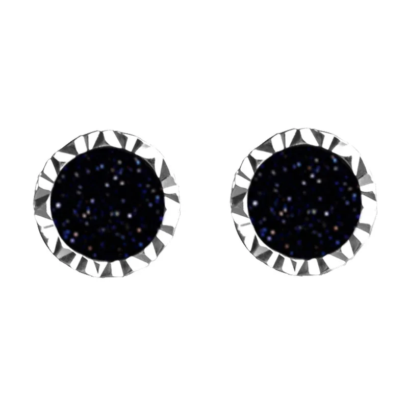 Edgy Stainless Steel Faceted Rim Black Round Stud Earrings - Blue Sand Patterned Face Stud Pair