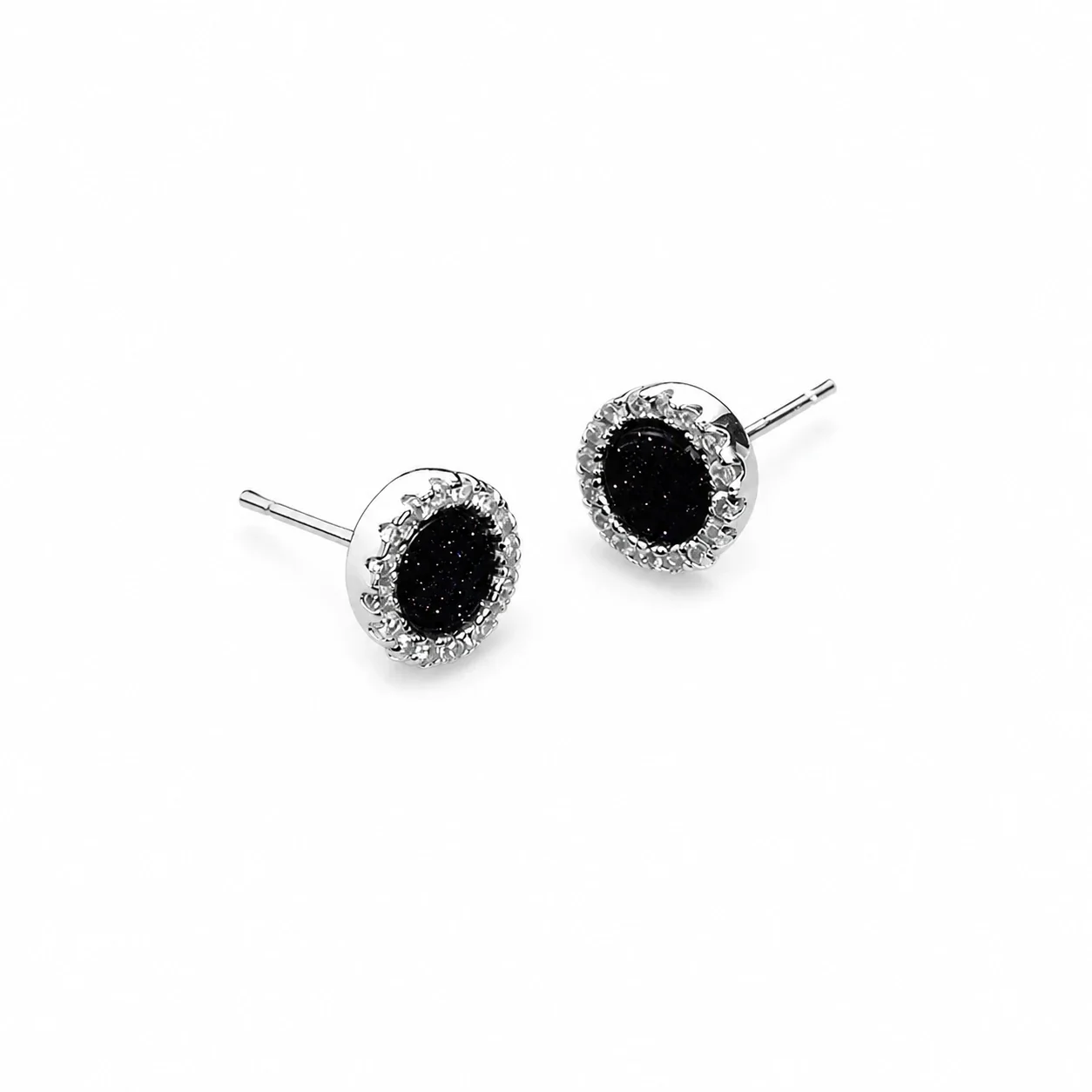 Edgy Stainless Steel Faceted Rim Black Round Stud Earrings - Purple Sand with Side Stones Pair
