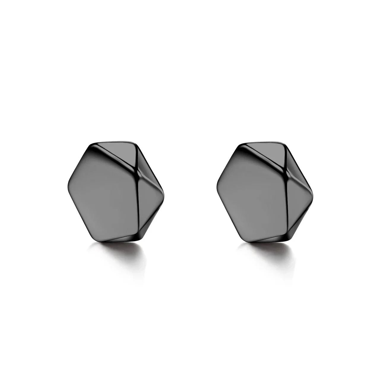 Edgy Stainless Steel Faceted Rim Black Round Stud Earrings - Black Diamond-Shape Clip Pair