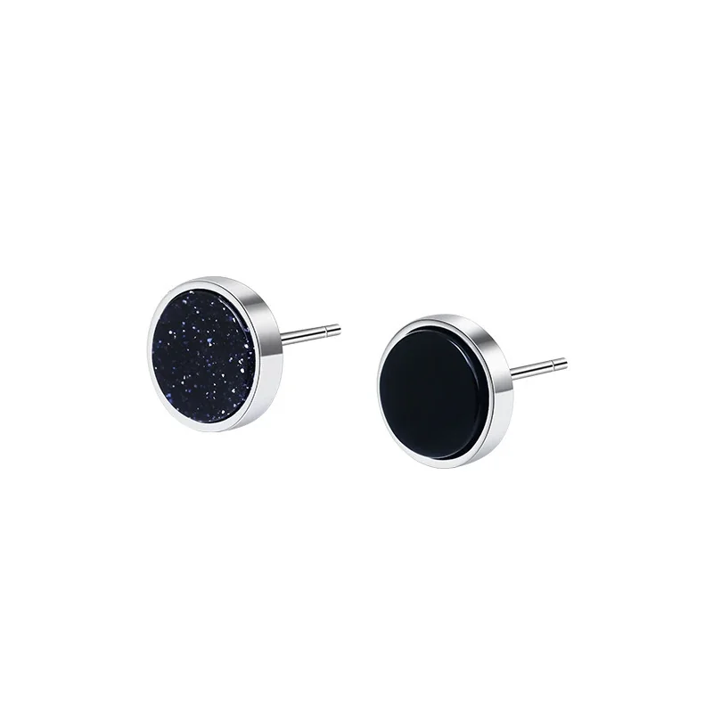 Edgy Stainless Steel Faceted Rim Black Round Stud Earrings - Black Face Stud Pair