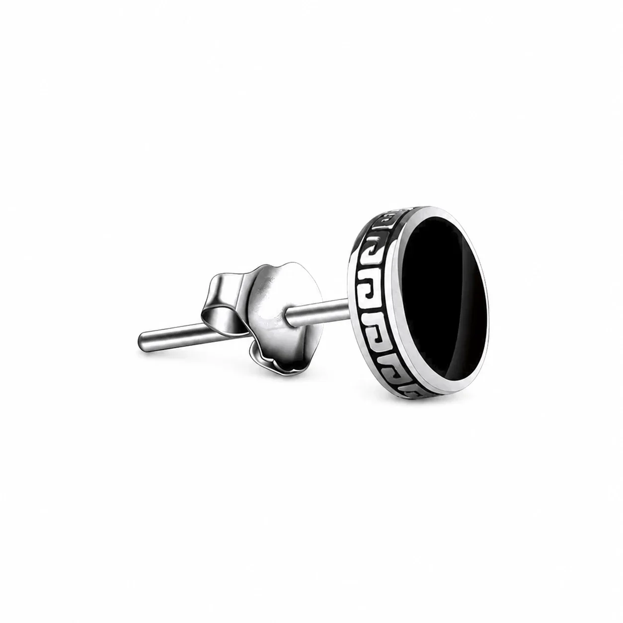 Edgy Stainless Steel Faceted Rim Black Round Stud Earrings - Great Wall Texture mm Stud Pair