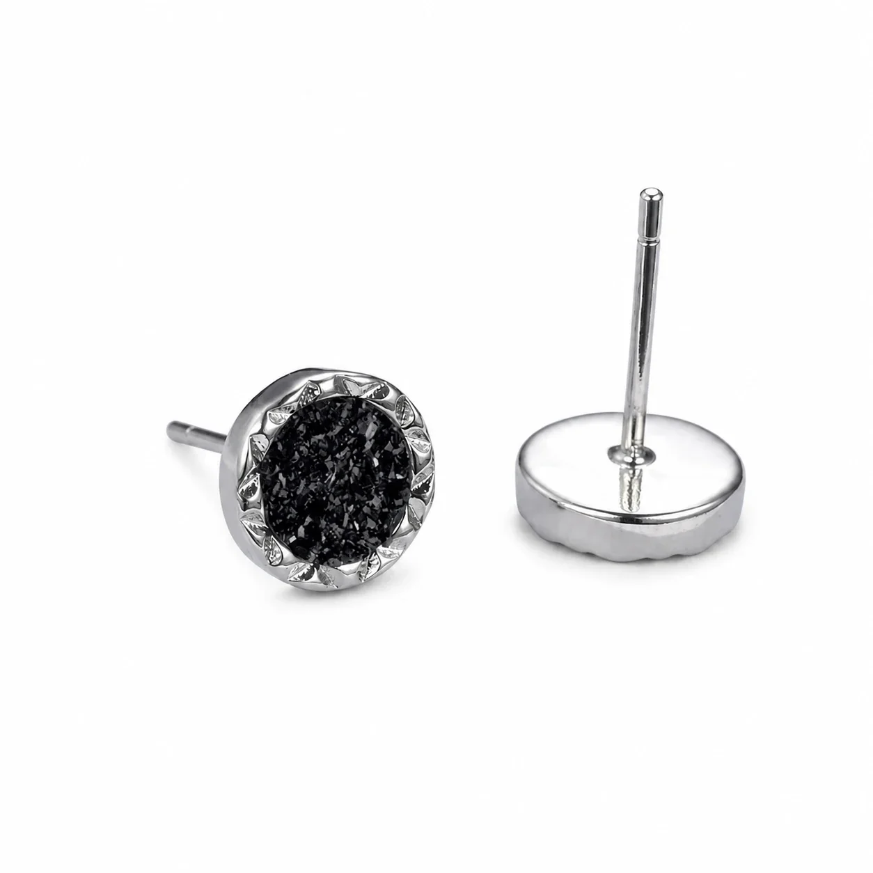 Edgy Stainless Steel Faceted Rim Black Round Stud Earrings - Black Crystal Cluster Face Pair