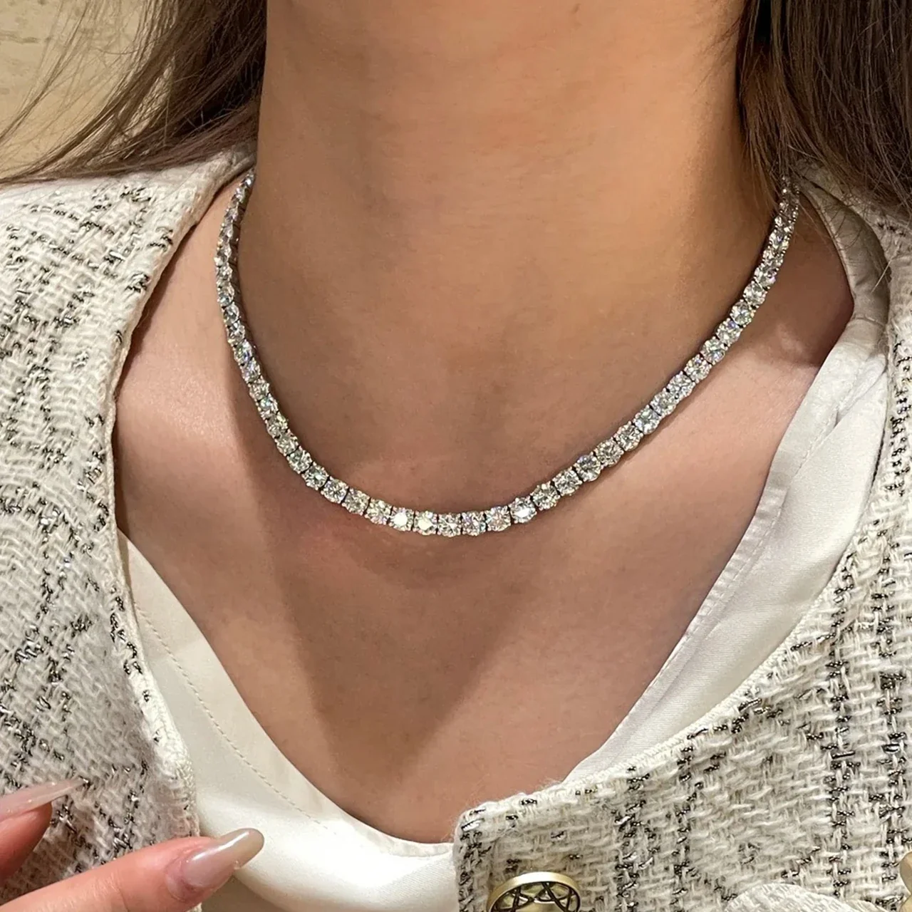 Tennis Chain Necklace Round Cubic Zirconia Stainless Steel