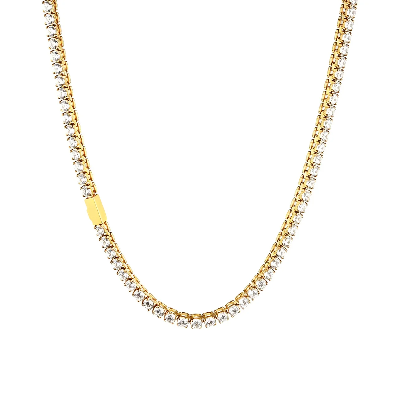 Tennis Chain Necklace Round Cubic Zirconia Stainless Steel - Gold 3 mm
