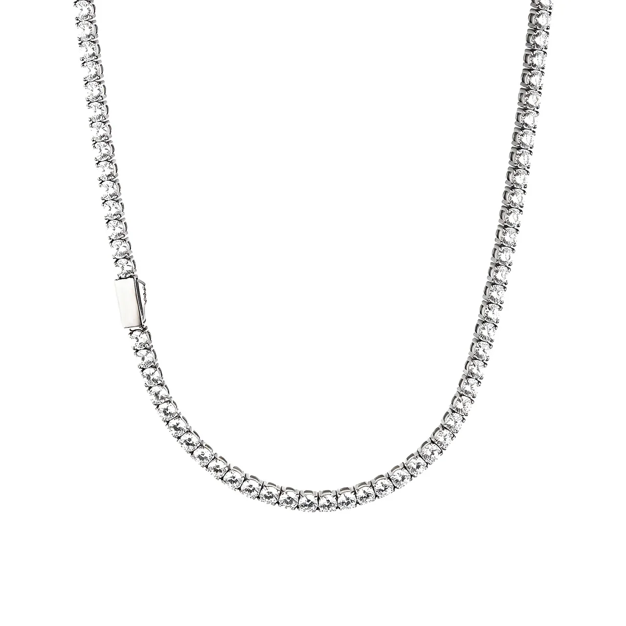 Tennis Chain Necklace Round Cubic Zirconia Stainless Steel - Silver 4 mm Round CZ