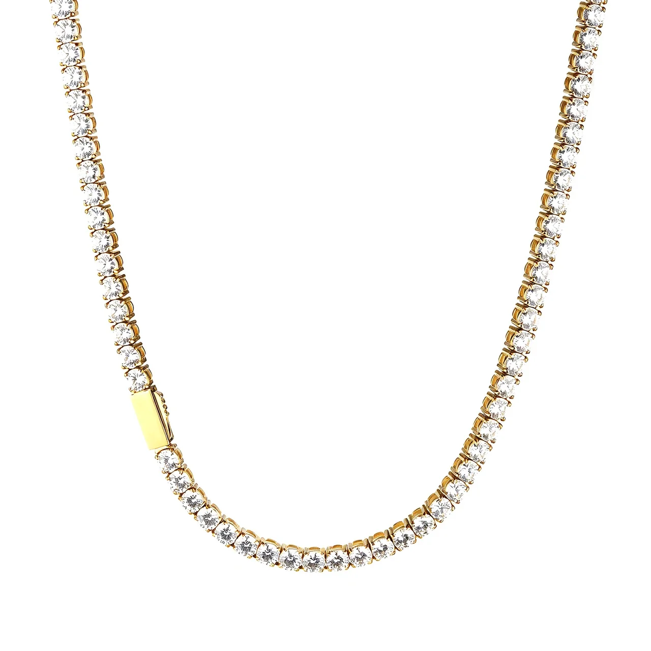 Tennis Chain Necklace Round Cubic Zirconia Stainless Steel - Gold 4 mm