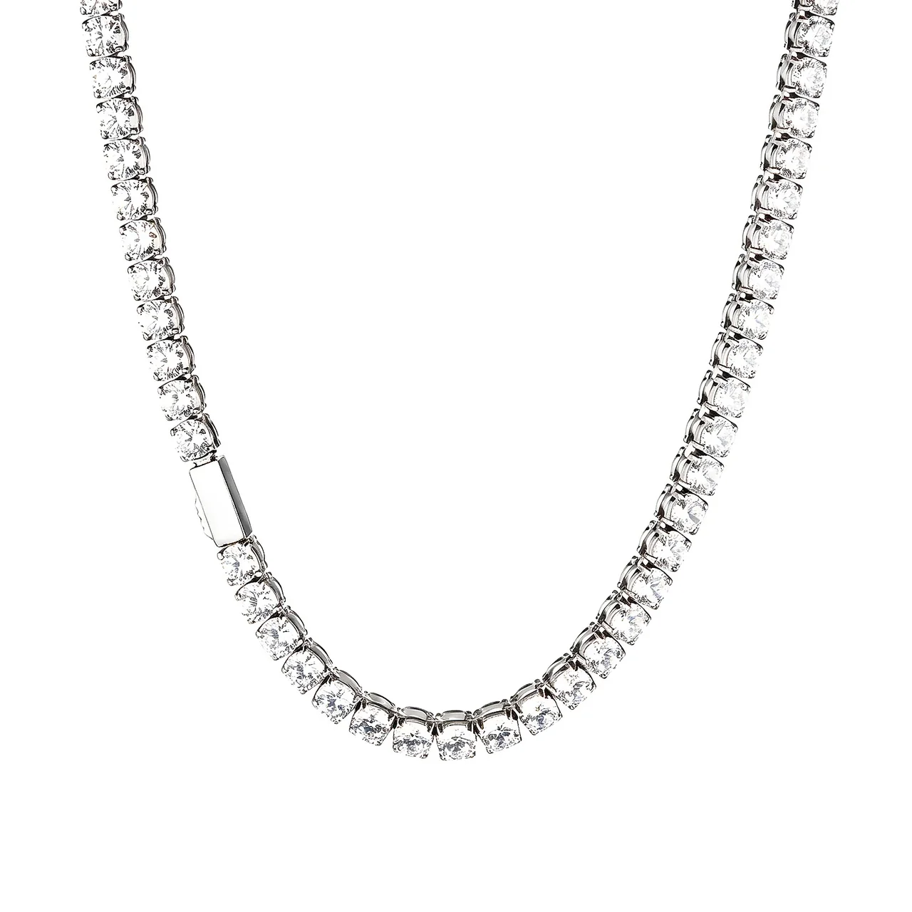 Tennis Chain Necklace Round Cubic Zirconia Stainless Steel - Silver 5 mm Round CZ