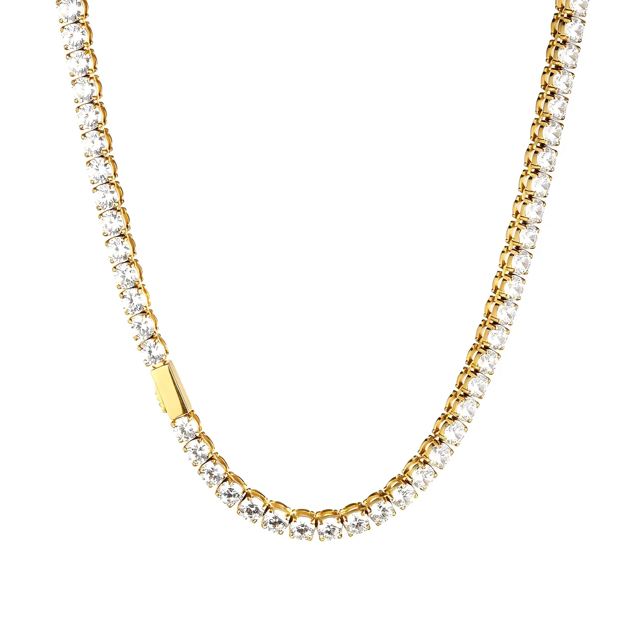Tennis Chain Necklace Round Cubic Zirconia Stainless Steel - Gold 5 mm