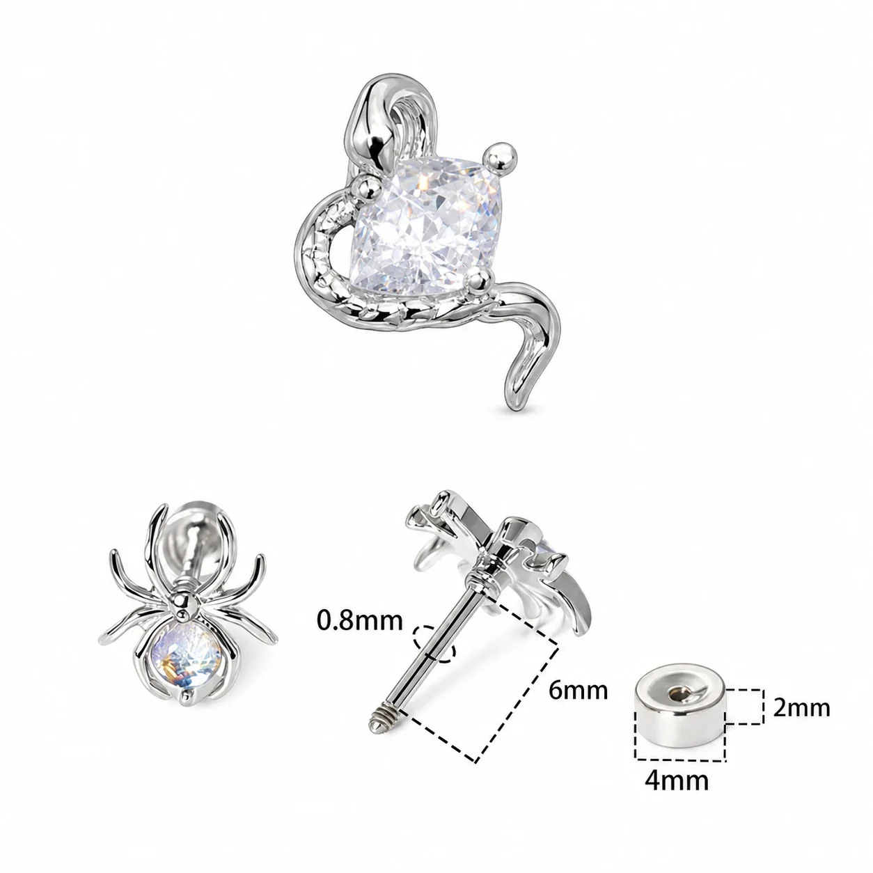 Tiny 316 Stainless Steel Spider CZ Stud Earring - White CZ