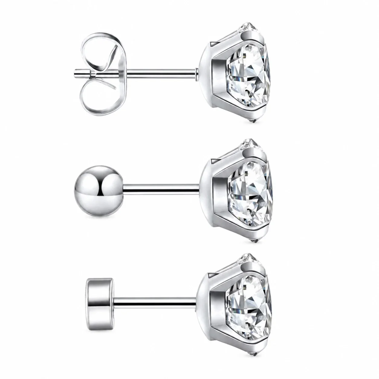 Polished Stainless Steel Round CZ Stud Earrings Set