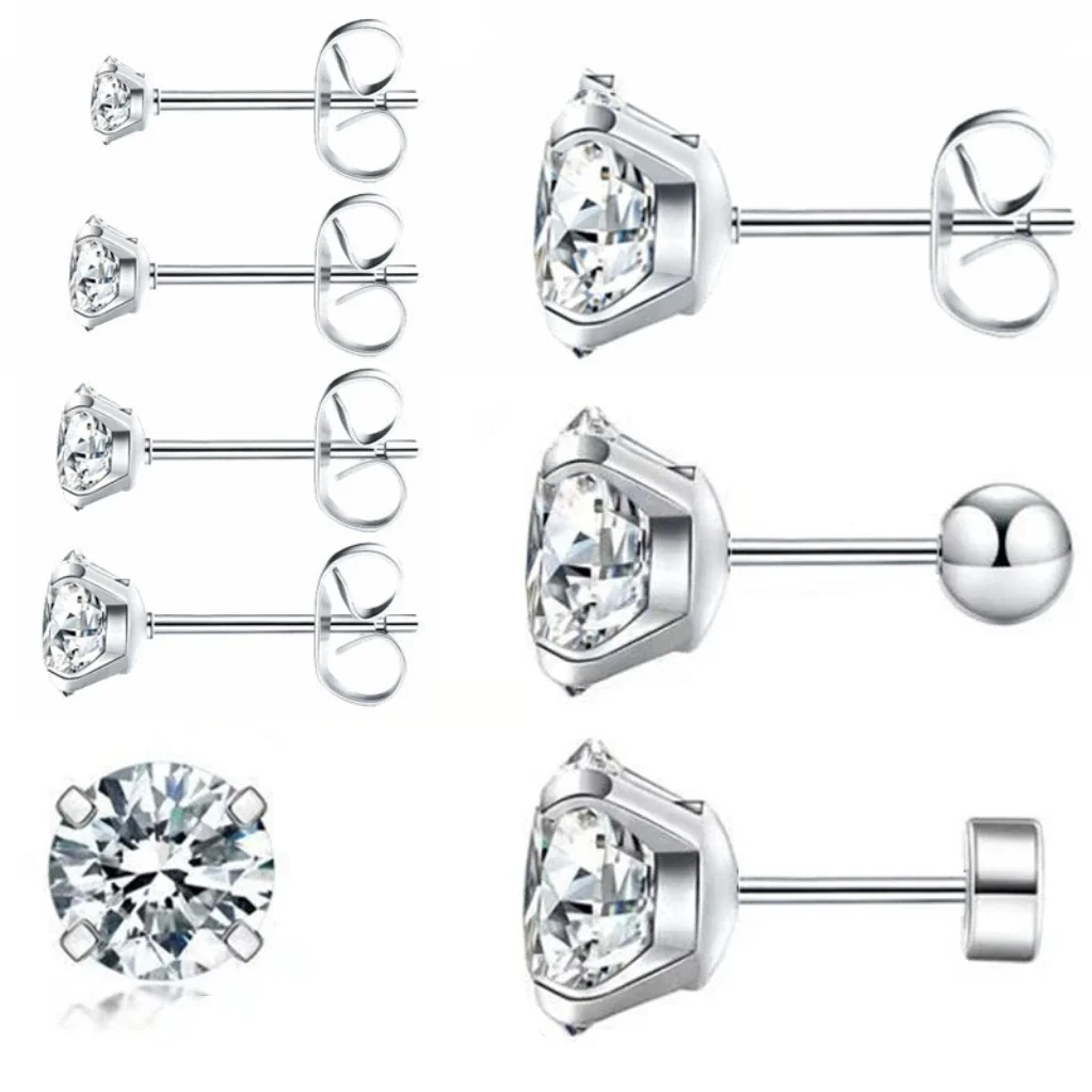 Polished Stainless Steel Round CZ Stud Earrings Set