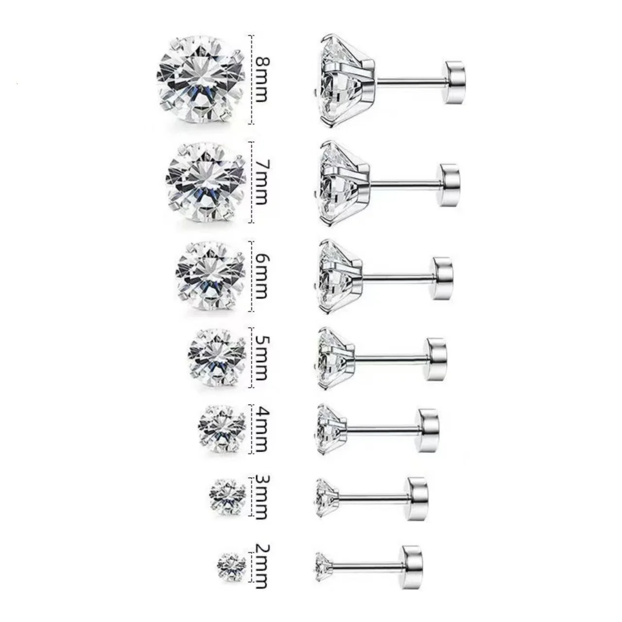 Polished Stainless Steel Round CZ Stud Earrings Set
