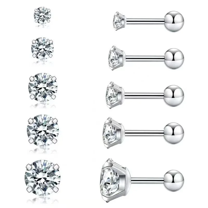 Polished Stainless Steel Round CZ Stud Earrings Set
