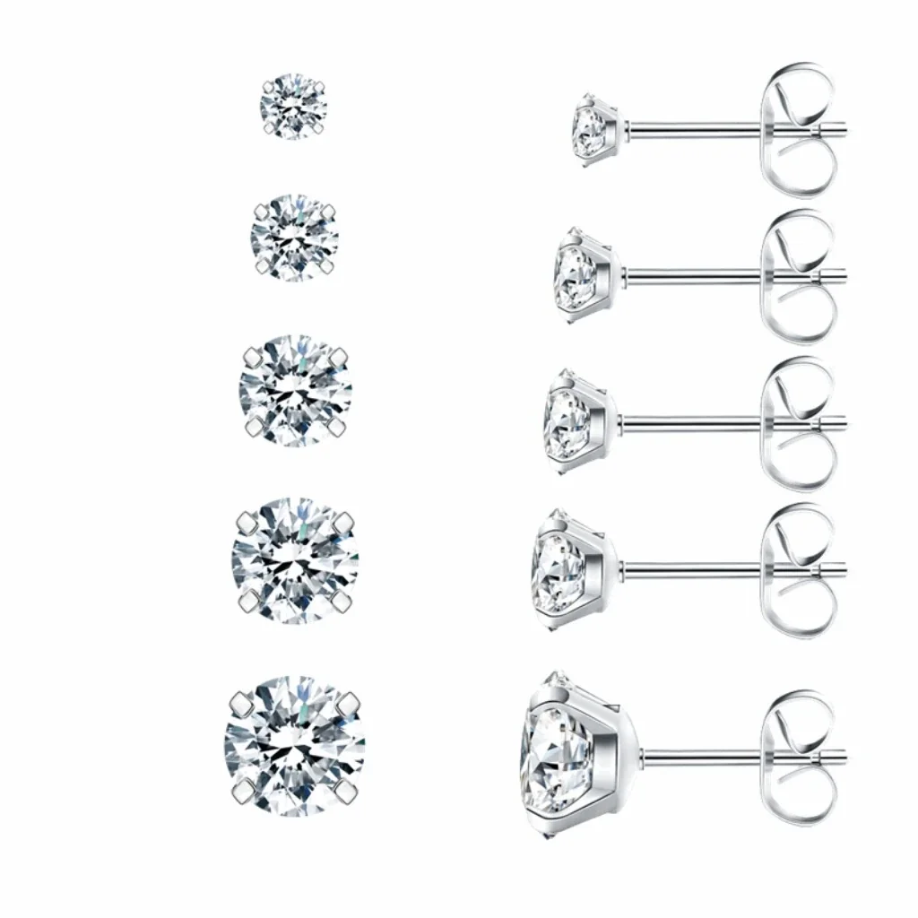 Polished Stainless Steel Round CZ Stud Earrings Set