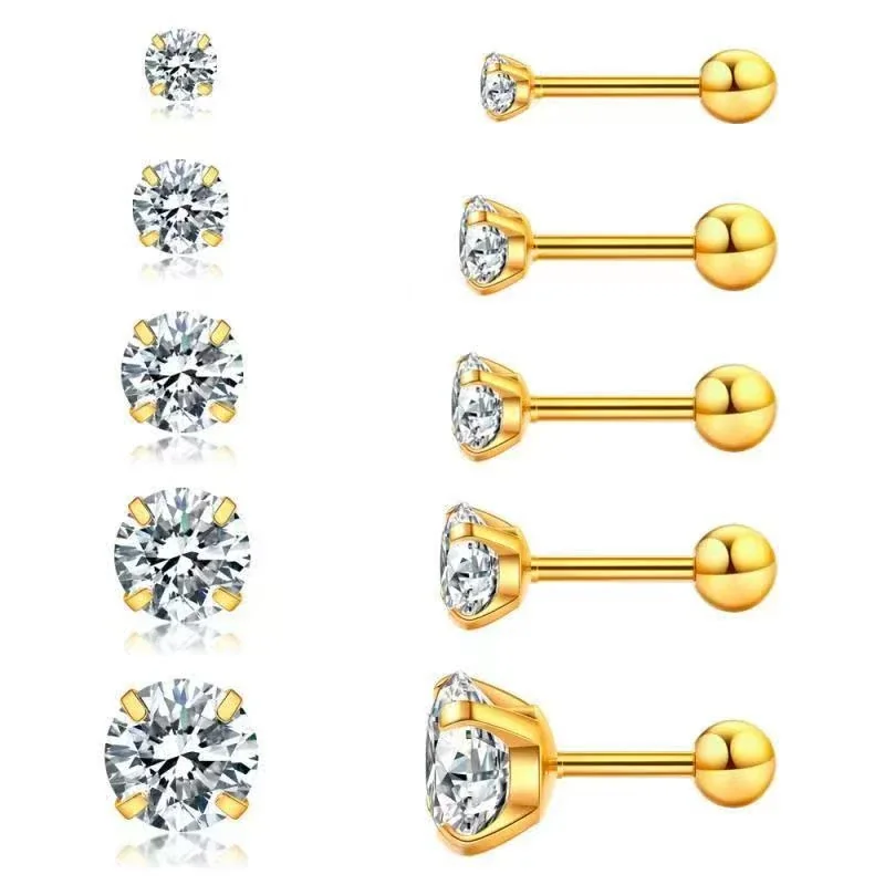 Polished Stainless Steel Round CZ Stud Earrings Set - Gold Ball Back Stud