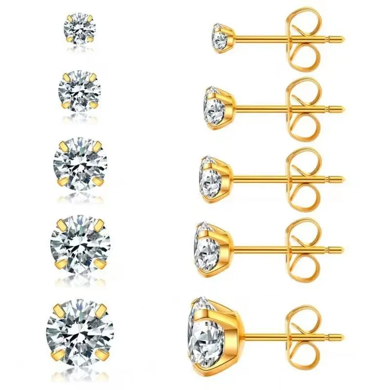 Polished Stainless Steel Round CZ Stud Earrings Set - Gold Butterfly Back Stud