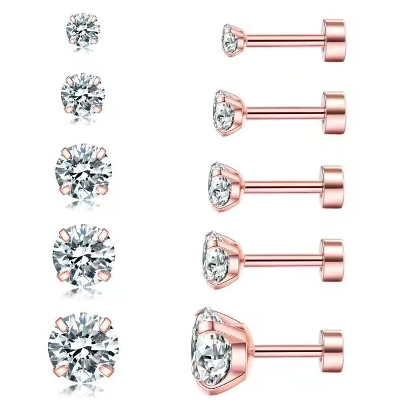Polished Stainless Steel Round CZ Stud Earrings Set - Rose Gold Flat Disc Stud