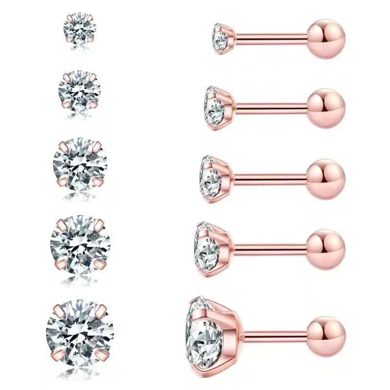 Polished Stainless Steel Round CZ Stud Earrings Set - Rose Gold Ball Back Stud