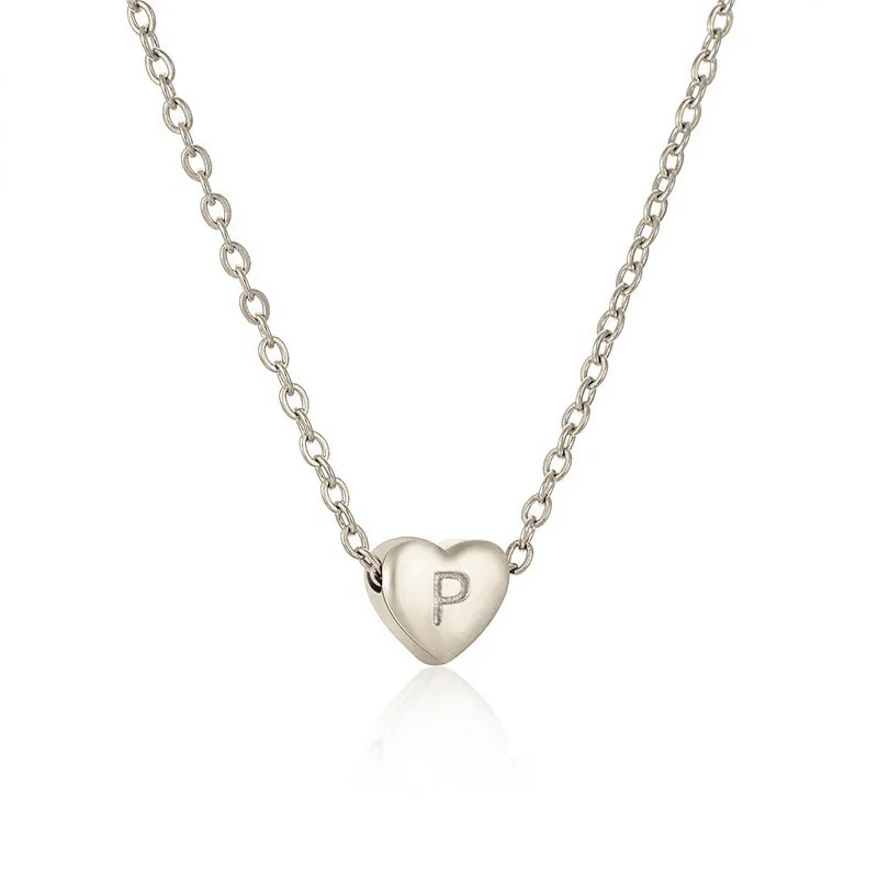Polished Stainless Steel Heart Initial Cable Chain Necklace