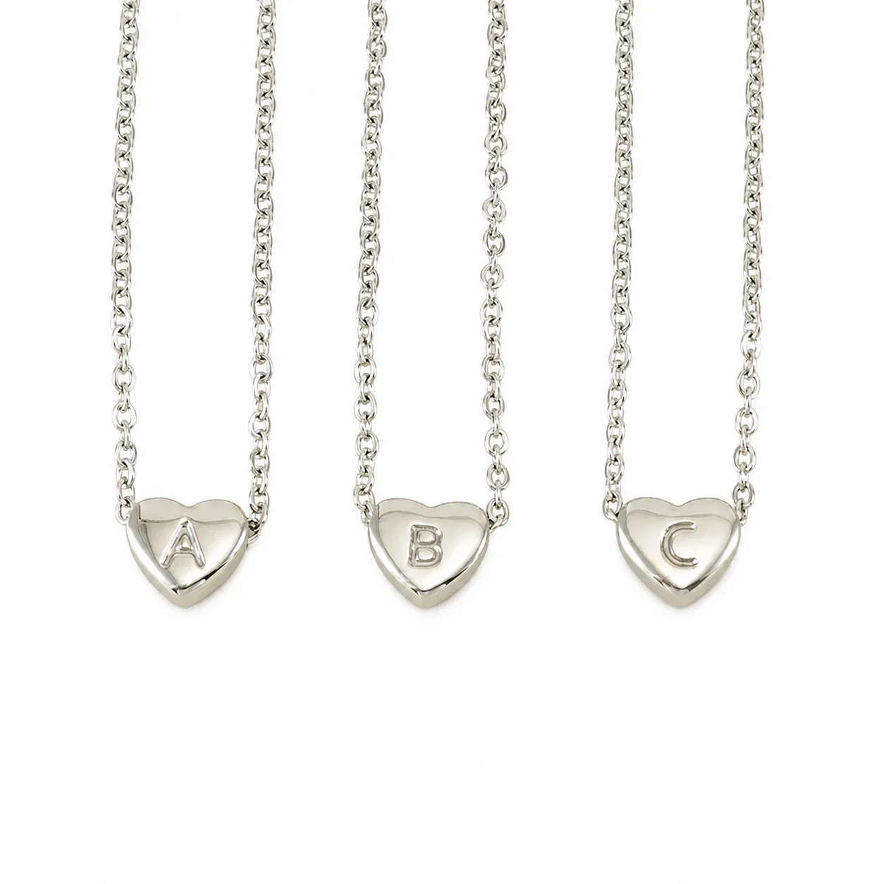 Polished Stainless Steel Heart Initial Cable Chain Necklace