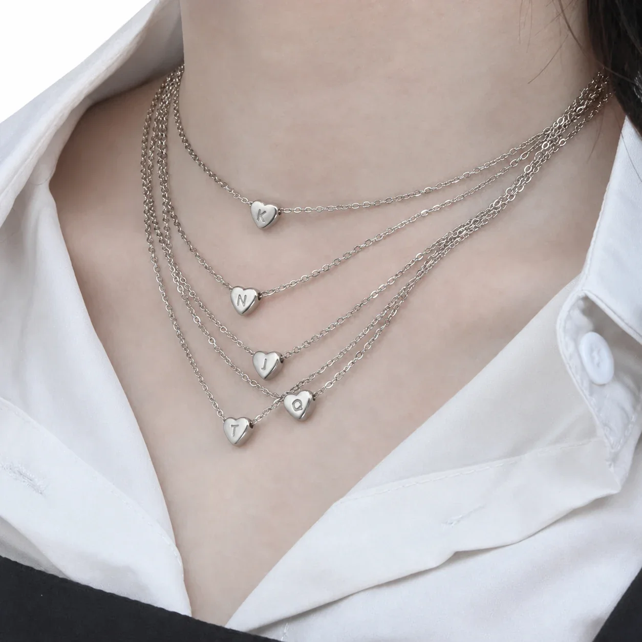Polished Stainless Steel Heart Initial Cable Chain Necklace