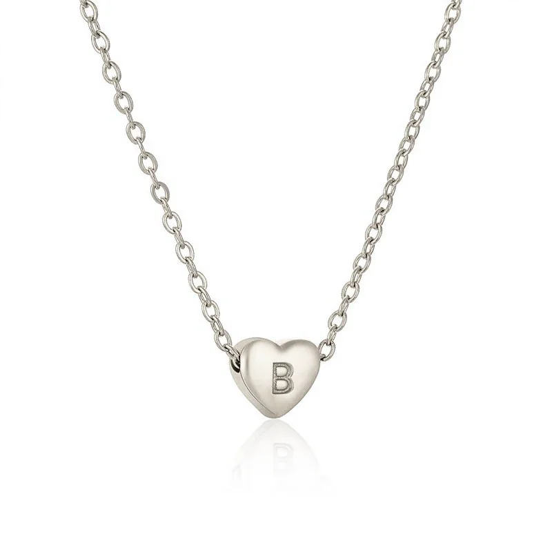 Polished Stainless Steel Heart Initial Cable Chain Necklace - Silver B