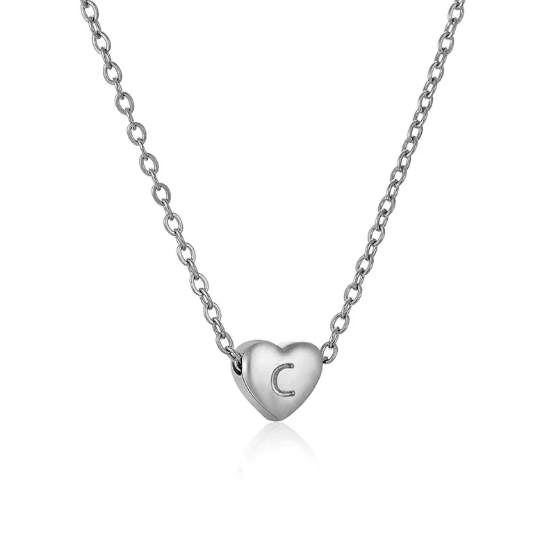 Polished Stainless Steel Heart Initial Cable Chain Necklace - Silver F
