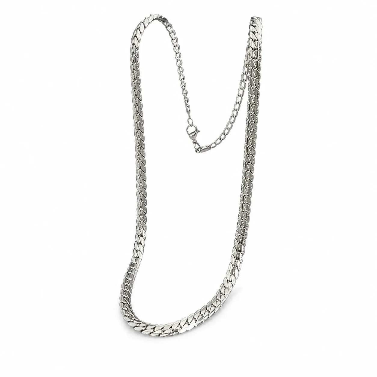 Polished Stainless Steel Embossed Cuban Chain Necklace