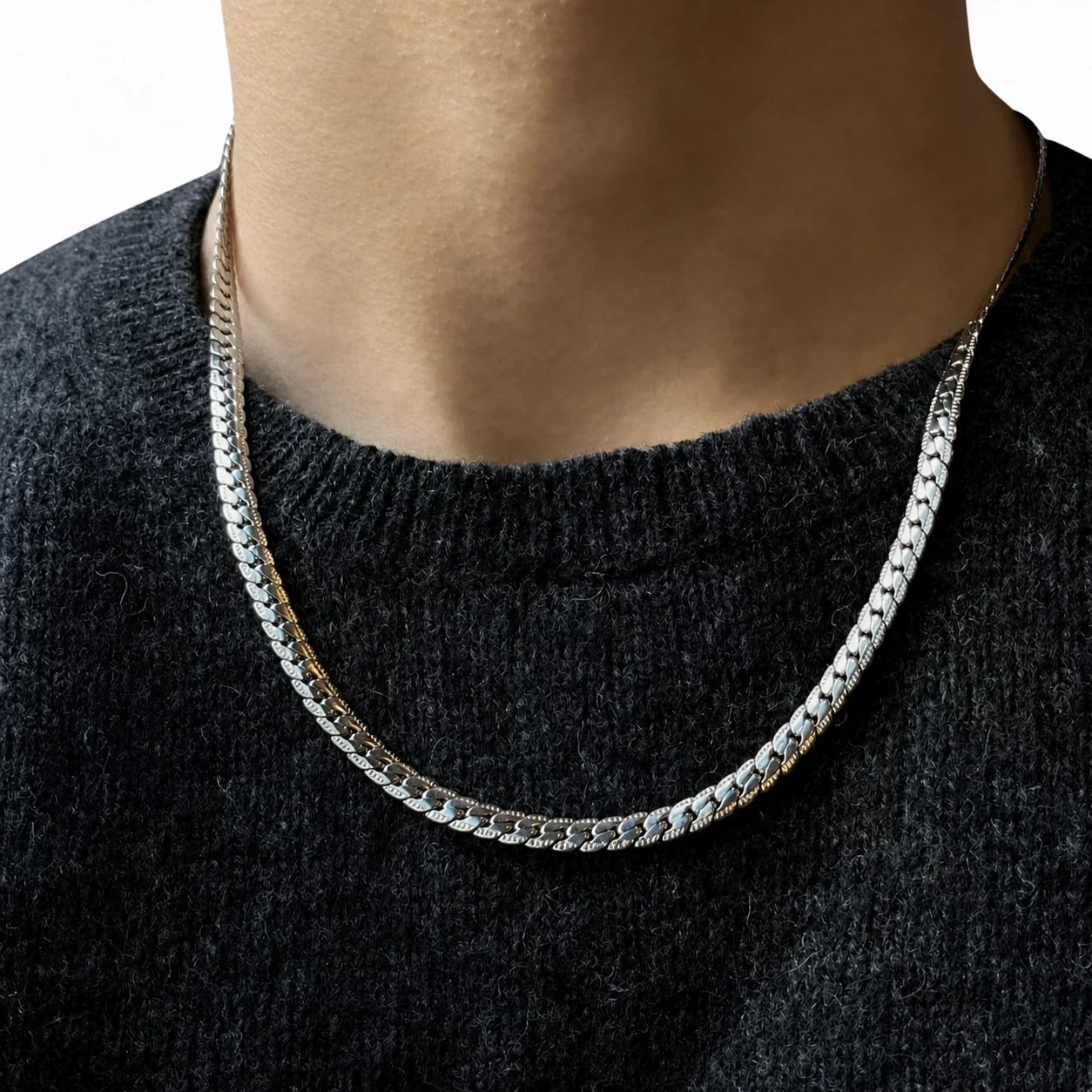 Polished Stainless Steel Embossed Cuban Chain Necklace - Silver mm Embossed cm
