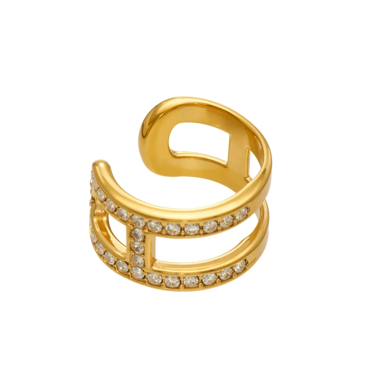 Ear cuff met pavé opengewerkte dubbele banden, roestvrij staal