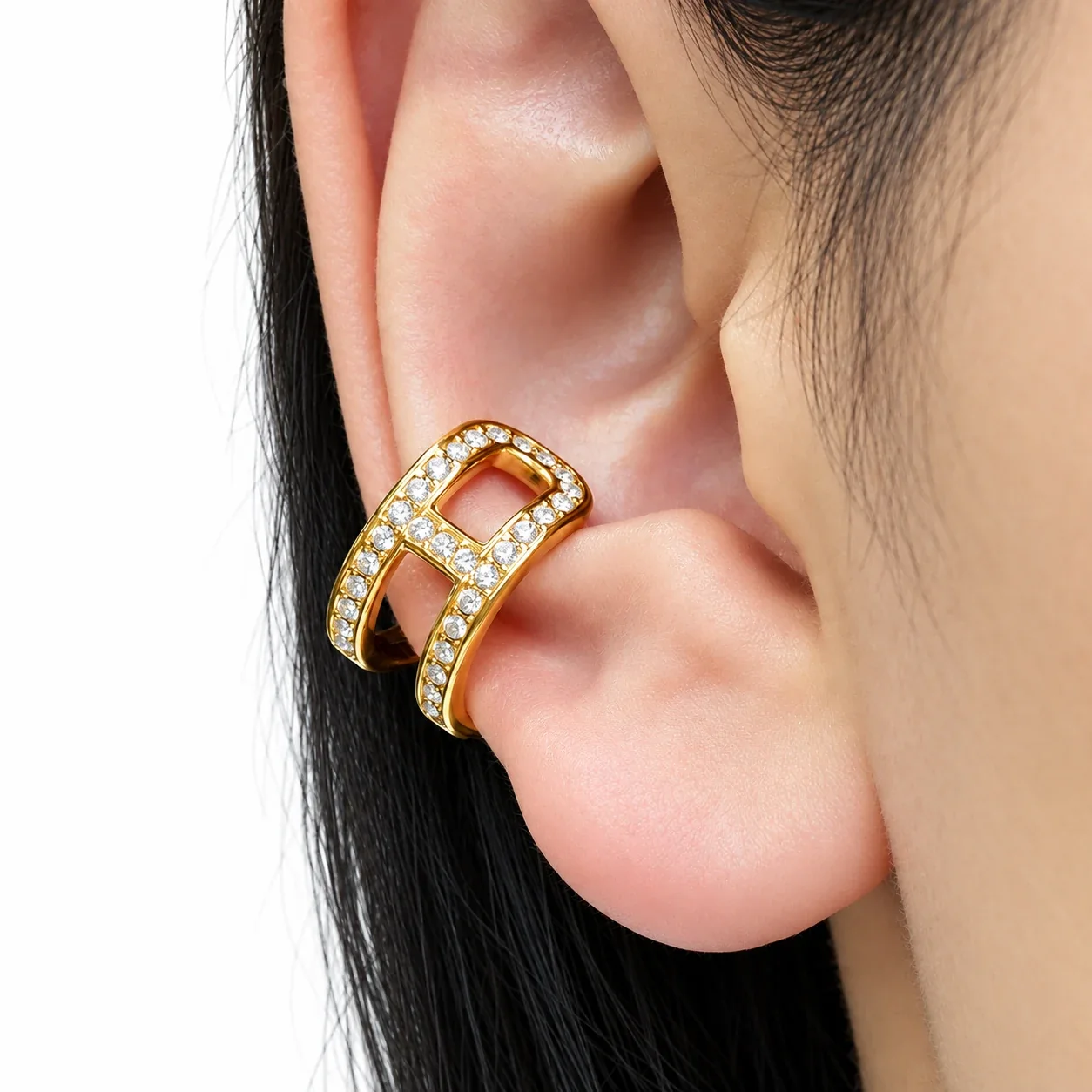 Ear cuff met pavé opengewerkte dubbele banden, roestvrij staal productfoto