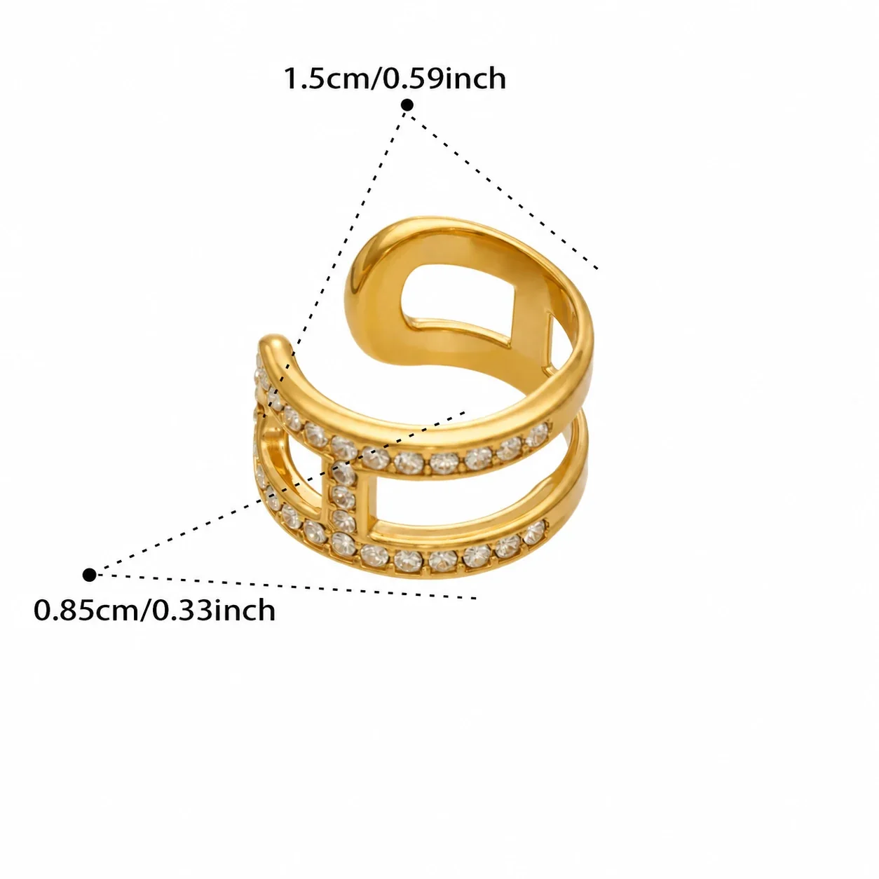 Ear cuff met pavé opengewerkte dubbele banden, roestvrij staal productfoto