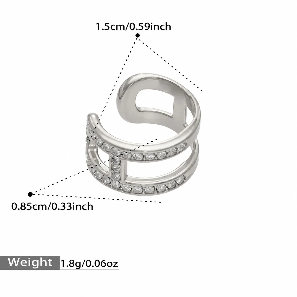Ear cuff met pavé opengewerkte dubbele banden, roestvrij staal productfoto
