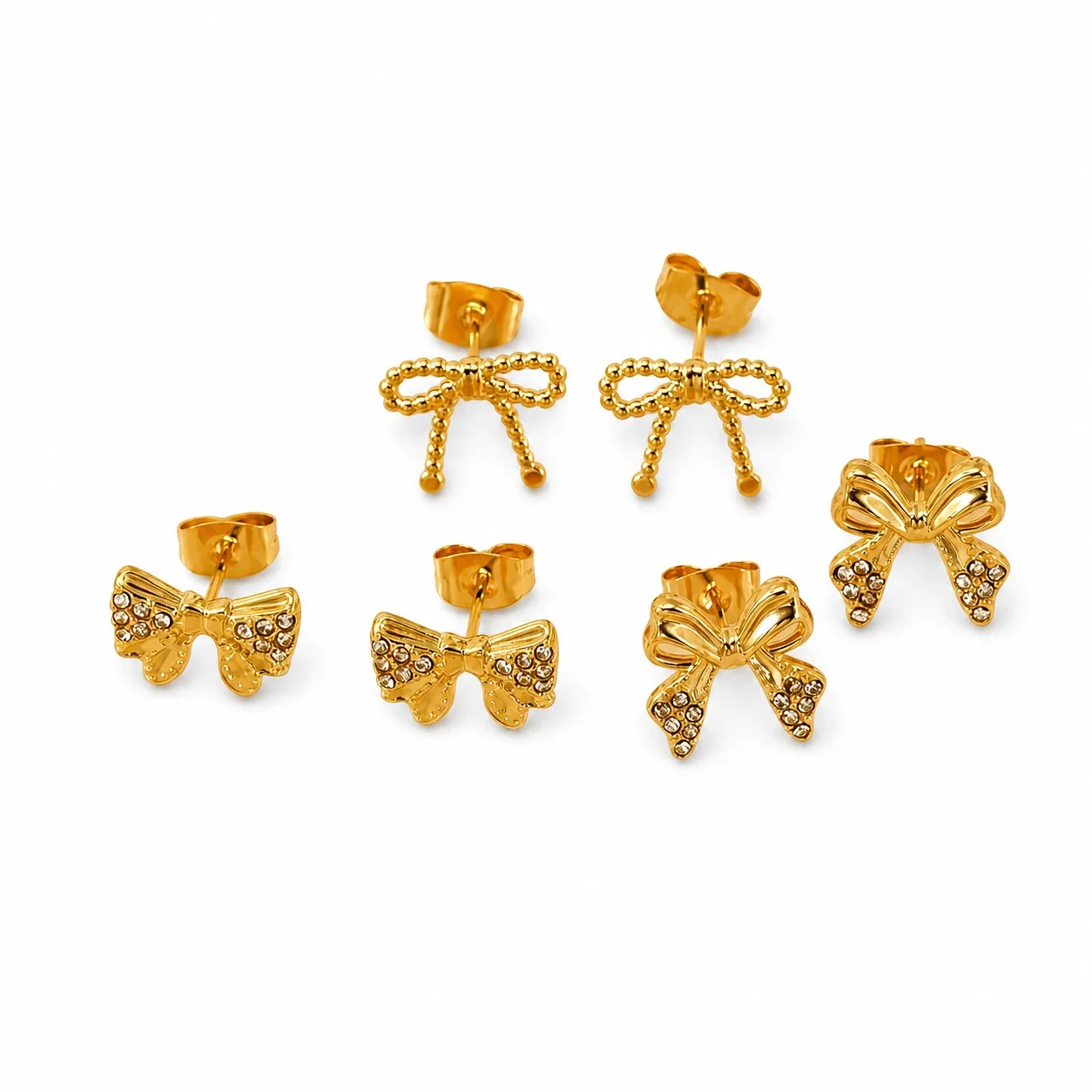 Gold-Plated Bow & Floral CZ Stud Earrings