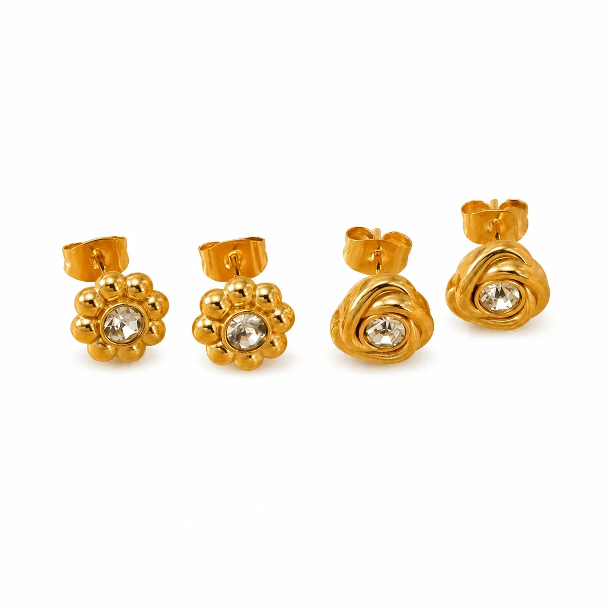 Gold-Plated Bow & Floral CZ Stud Earrings
