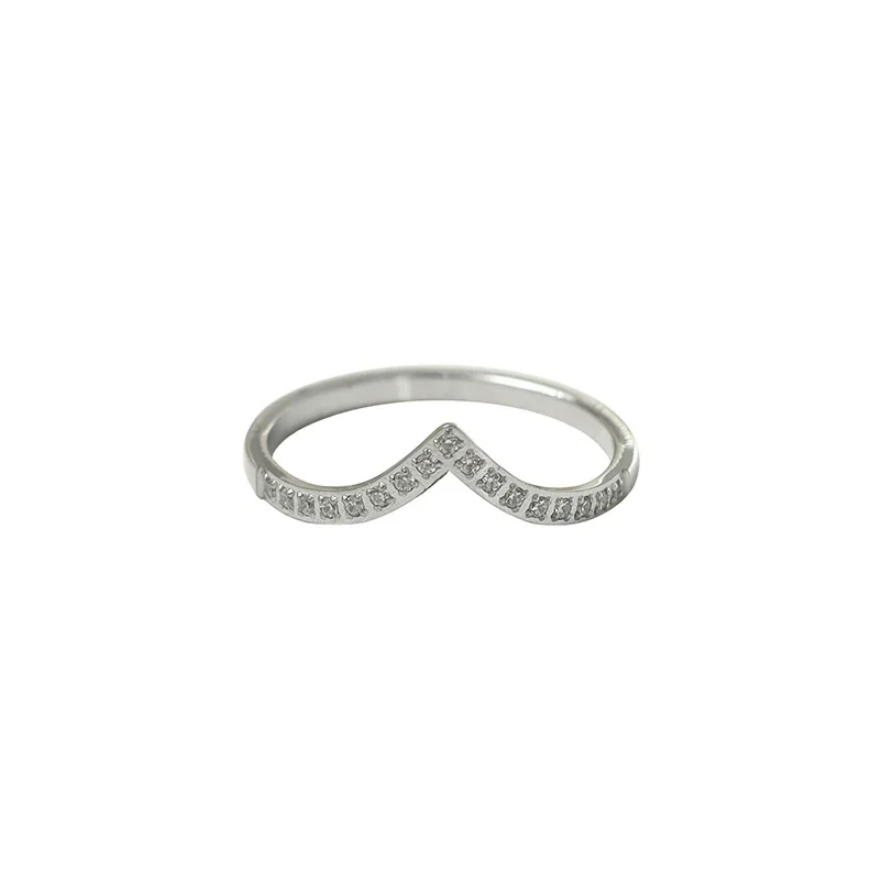 Sculpted Stainless Steel V Pavé Stacking Ring - Silver