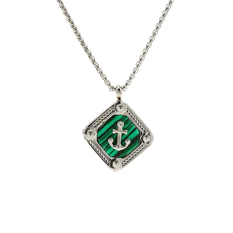 Nautical Stainless Steel Box Chain Anchor Square Pendant Necklace