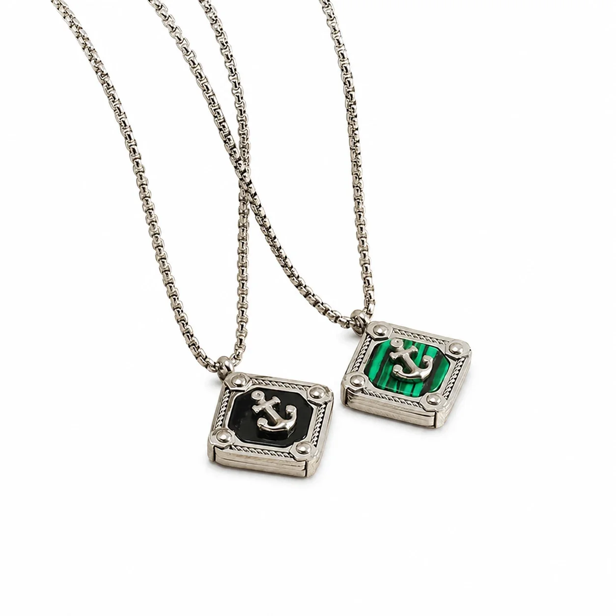 Nautical Stainless Steel Box Chain Anchor Square Pendant Necklace