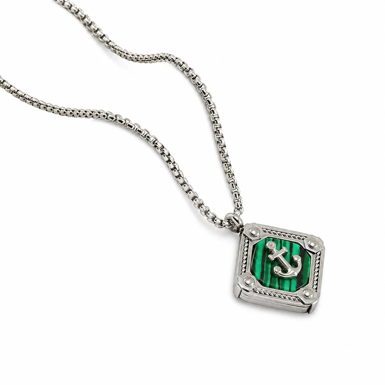 Nautical Stainless Steel Box Chain Anchor Square Pendant Necklace